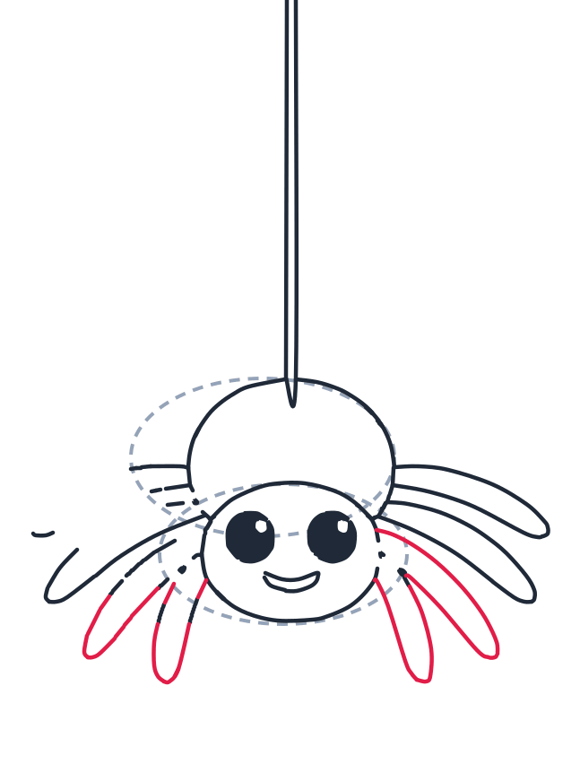 Drawing a spider, step 9: Add two long curved U shapes for the bottom legs on the left. Add two matching curved U shapes for the bottom legs on the right.
