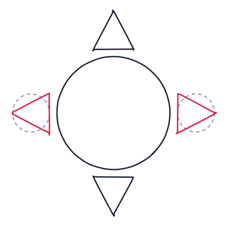Drawing the sun, step 4: Draw two triangles for rays, one on the left pointing left and one on the right pointing right.