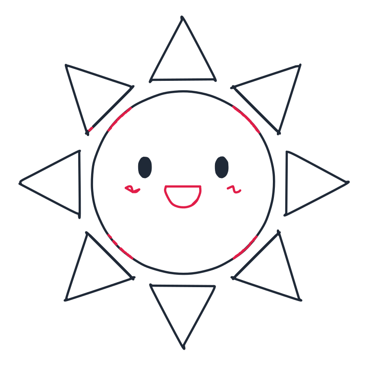 Drawing the sun, step 8: Add two short curved lines for blush on the cheeks and a wide U shape for the smiling mouth with a small line across its top. Finish the circle with short curved pieces where it passes behind the ray bases.