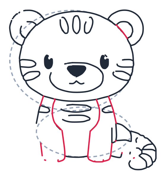 Dibujando un tigre, paso 8: Agrega dos formas en U largas hacia abajo para las patas delanteras. Dibuja líneas cortas a los lados para terminar el cuerpo y una pequeña curva en el borde de la oreja derecha.