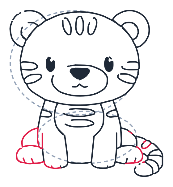 Dibujando un tigre, paso 9: Dibuja dos patas delanteras redondas y agrega tres líneas cortas de dedos en cada una. Añade pequeñas curvitas sobre las patas para los codos.