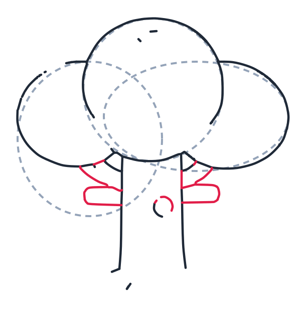 Drawing a tree, step 6: Add two short curved lines for branches and two rounded rectangles at their ends, plus a tiny curved line on the trunk.