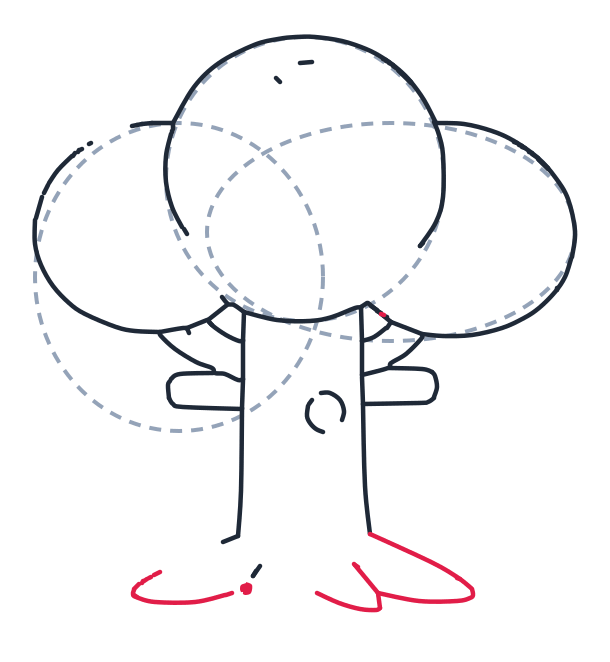 Drawing a tree, step 7: Draw two big curved root shapes at the bottom, connected with a long curved line.