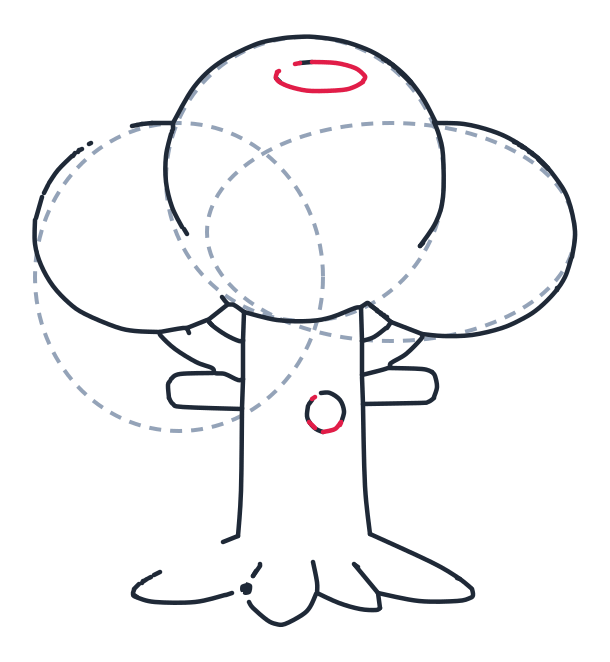 Drawing a tree, step 9: Draw a small flat oval on the top puff, and finish a small circle knot on the trunk.