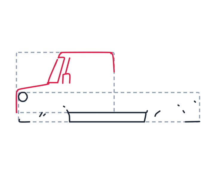 Drawing a truck, step 3: Make a curved front line for the hood, then a long line for the roof and a straight back edge. Add two slanted lines for the windshield.