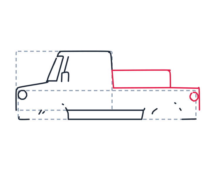 Drawing a truck, step 4: Draw a short tall rectangle for the front of the bed and a long horizontal line for its top. Add a small circle at the back corner for the taillight.