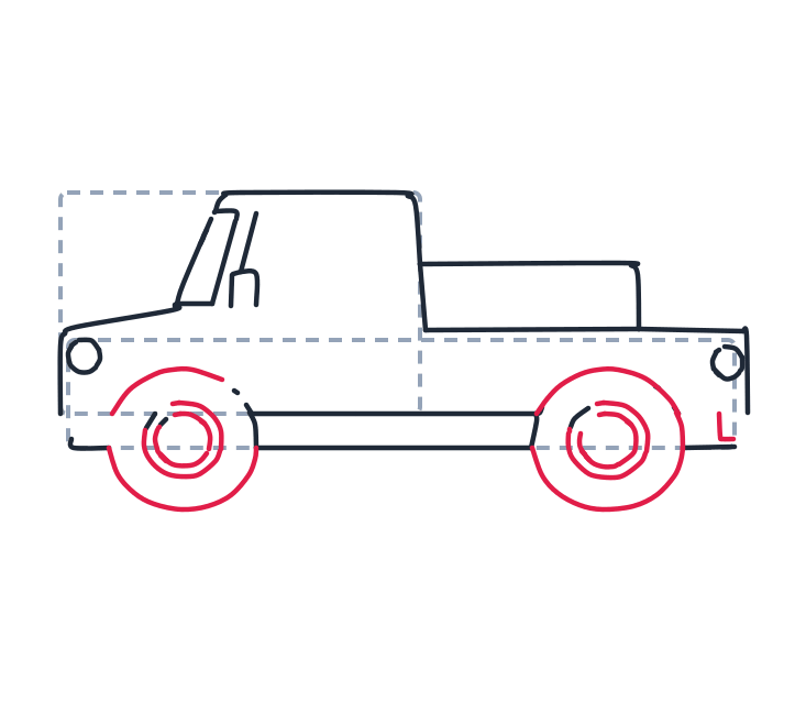 Drawing a truck, step 5: Draw two big circles for the wheels, then two smaller circles inside each. Add a short curved line over the front wheel and a tiny L shape at the very back edge.