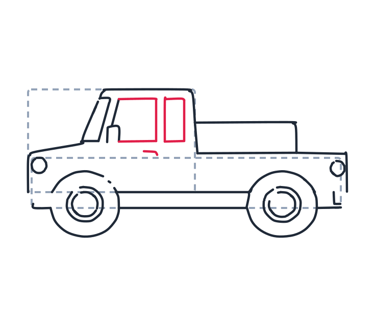 Drawing a truck, step 6: Make two rectangles for the windows. Add a tiny curved line on the door for the handle.