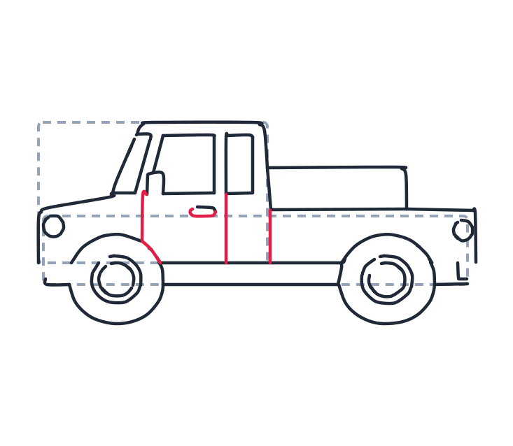Drawing a truck, step 7: Draw two vertical lines for the door edges, the front one bends over the wheel. Add a small rounded rectangle for the handle.