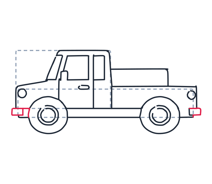 Drawing a truck, step 8: Add a small rectangle at the front bumper and another small rectangle at the back bumper.
