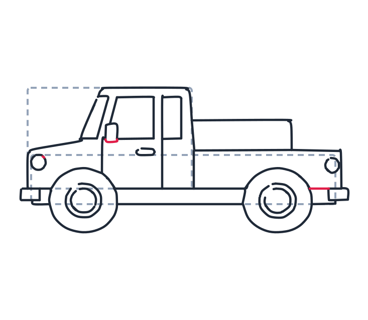 Drawing a truck, step 9: Draw a tiny curved shape on the front fender, a small rounded rectangle for the side mirror, and a short line on the back panel.