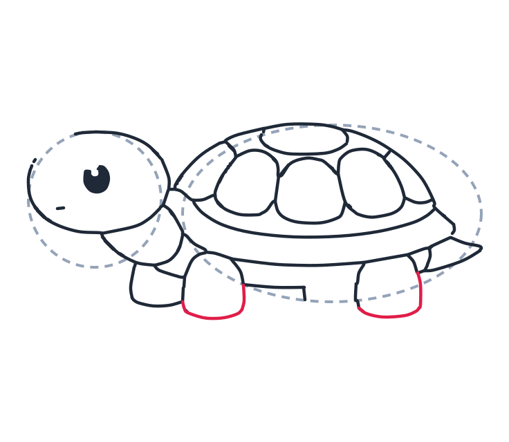 Dibujando una tortuga, paso 7: Cierra la pata delantera con una línea curva abajo. Cierra la pata trasera con otra línea curva.
