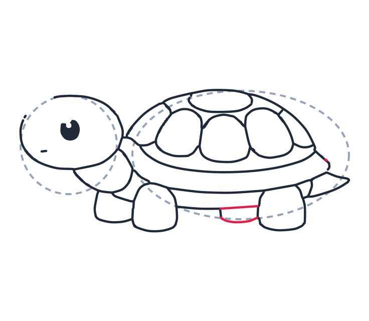 Dibujando una tortuga, paso 8: Añade una pequeña línea curva bajo la barriga para la pata oculta. Dibuja una punta pequeña y puntiaguda al final de la cola.