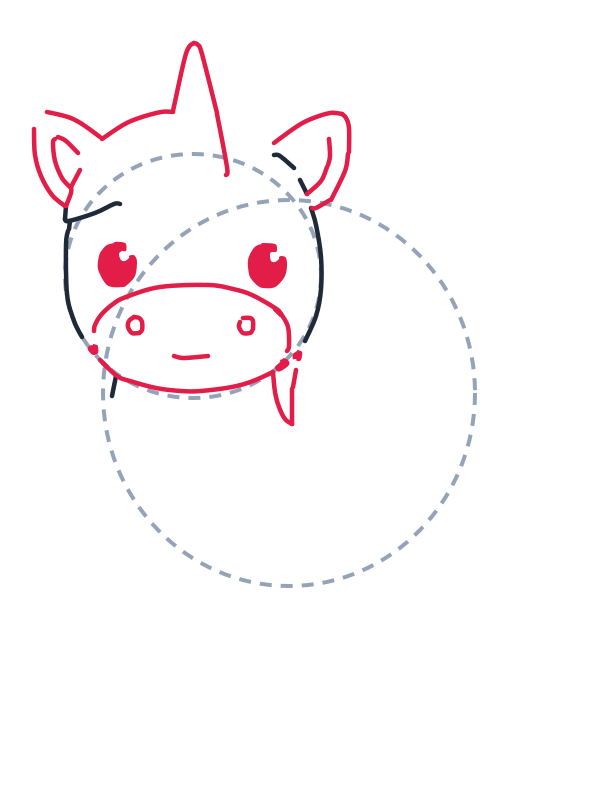 Dibujando un unicornio, paso 3: Agrega un triángulo alto para el cuerno, dos formas de oreja, dos ojos ovalados y un hocico ovalado con dos circulitos y una sonrisa pequeña.