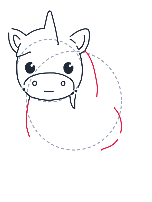 Dibujando un unicornio, paso 4: Traza dos líneas largas y curvas para el frente y el lomo del cuerpo, y dos curvas cortas para ubicar la cola.