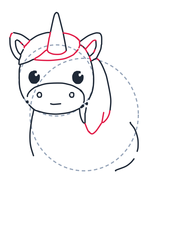 Dibujando un unicornio, paso 5: Dibuja una curva del flequillo sobre la cabeza, completa la punta de la oreja izquierda y agrega la melena colgante con dos pequeñas formas en U al final.