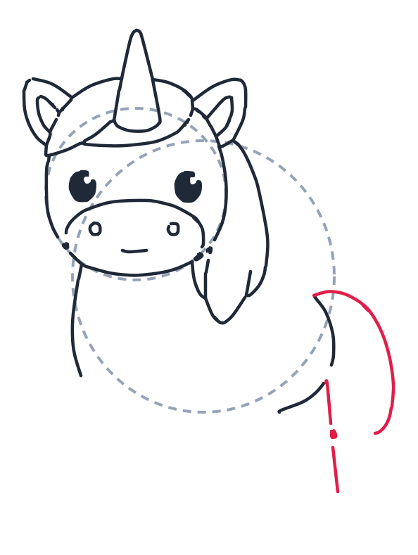 Dibujando un unicornio, paso 6: Haz una gran línea curva para el borde superior y externo de la cola, y una línea corta recta con un pequeño punto para guiar la pata trasera.
