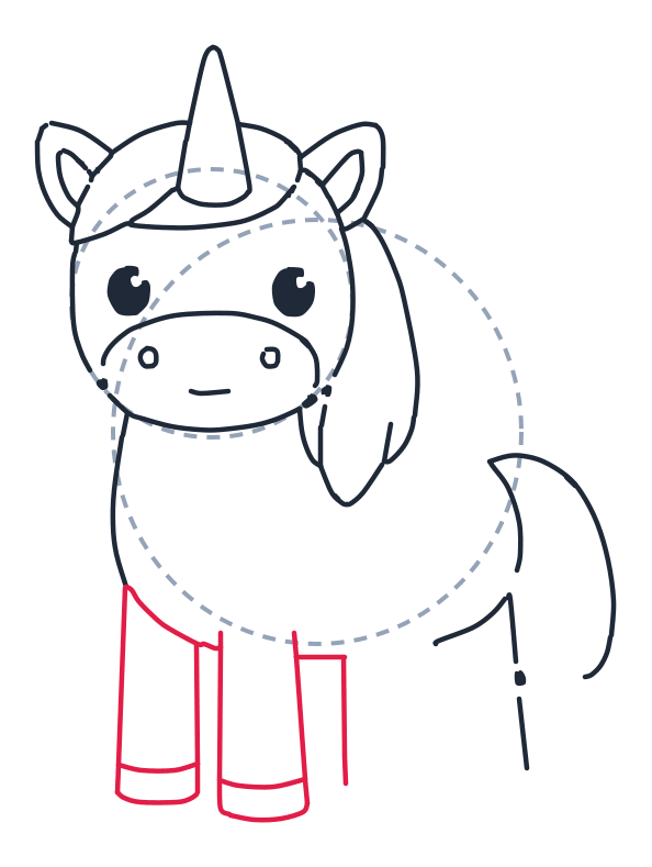 Dibujando un unicornio, paso 7: Dibuja dos rectángulos altos para las patas delanteras, y agrega una línea curva en cada base para los cascos.