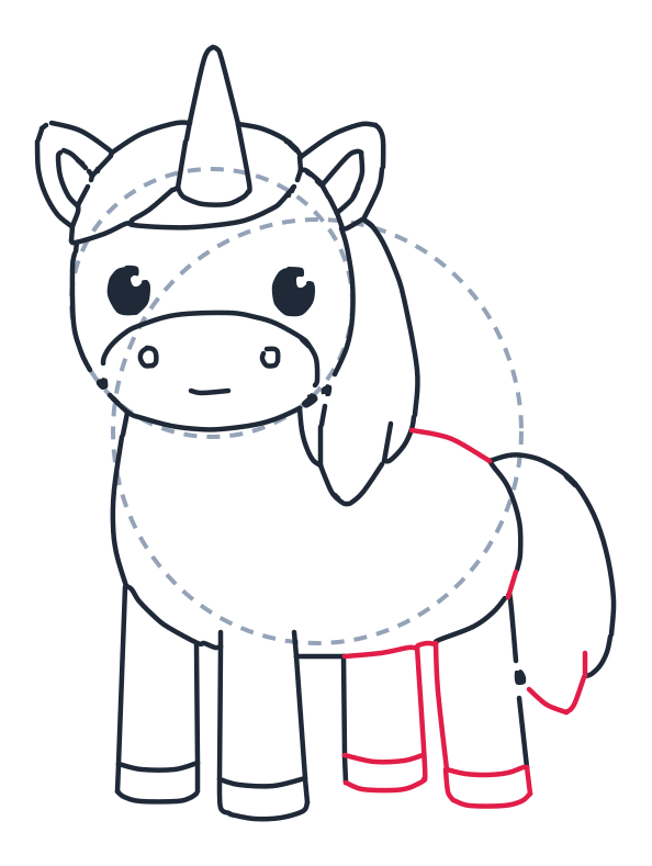 Dibujando un unicornio, paso 8: Añade una línea curva para cerrar la barriga y el anca, dos rectángulos de patas traseras con líneas curvas de casco, y una pequeña curva para la punta de la cola.