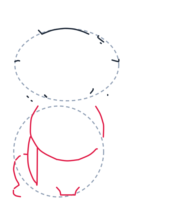 Drawing a wolf, step 3: Draw two long curved lines for the body sides and a curved line across the belly. Add a straight line for the left front leg, a small U shape for the foot, and a short wavy line on the left for fluff.