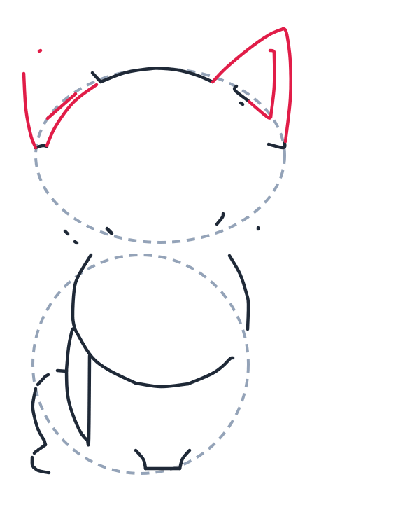 Drawing a wolf, step 4: Add two big triangles on top for the ears, and a small triangle inside the right ear. Draw a short curved line on the left to join the ear to the head.