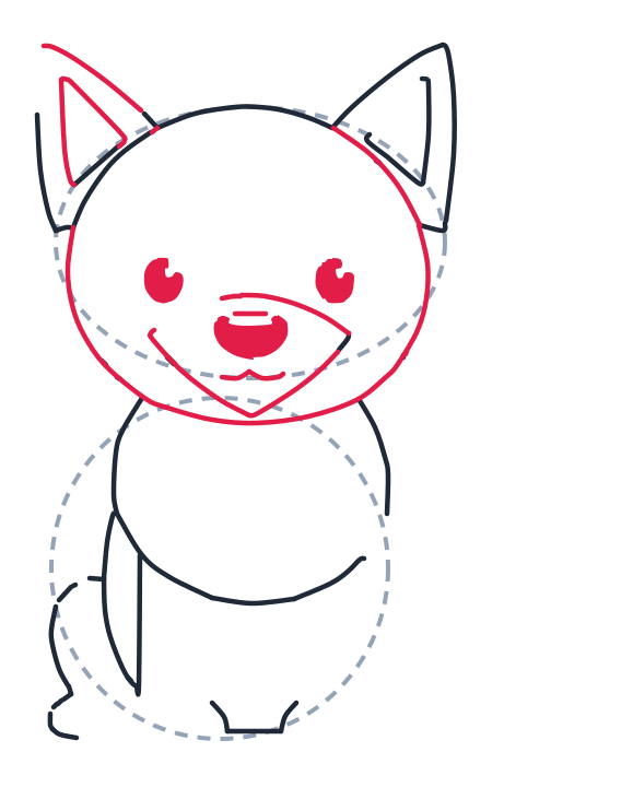 Drawing a wolf, step 5: Trace a big circle for the head and add two small circles for eyes. Draw a rounded triangle for the snout, an oval nose, and two short mouth lines.