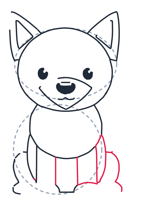 Drawing a wolf, step 6: Draw two straight lines down for the front legs. On the right side, add a curved line with a small zigzag at the bottom for fluffy fur.