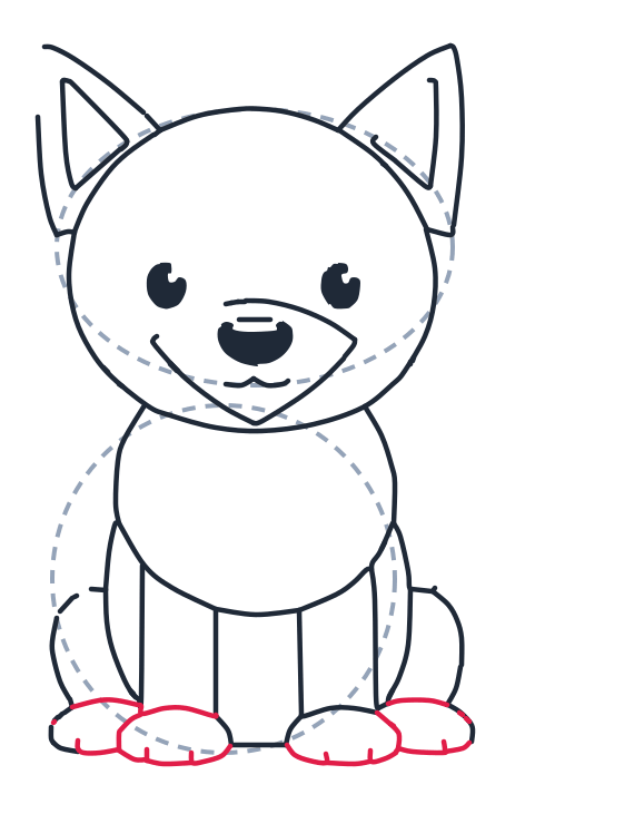 Drawing a wolf, step 7: Draw four small ovals at the bottom for paws. Add tiny curved lines on each paw for toes.