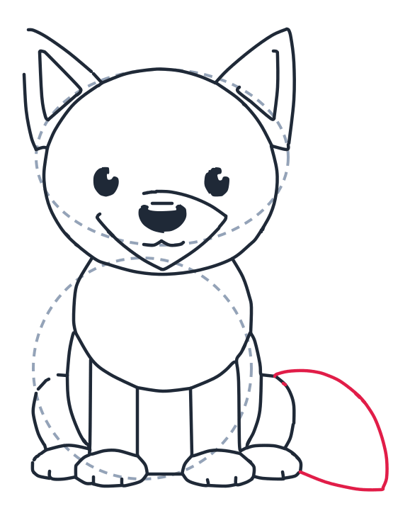 Drawing a wolf, step 8: Draw a large teardrop shape on the right, attached to the body, for the big bushy tail.